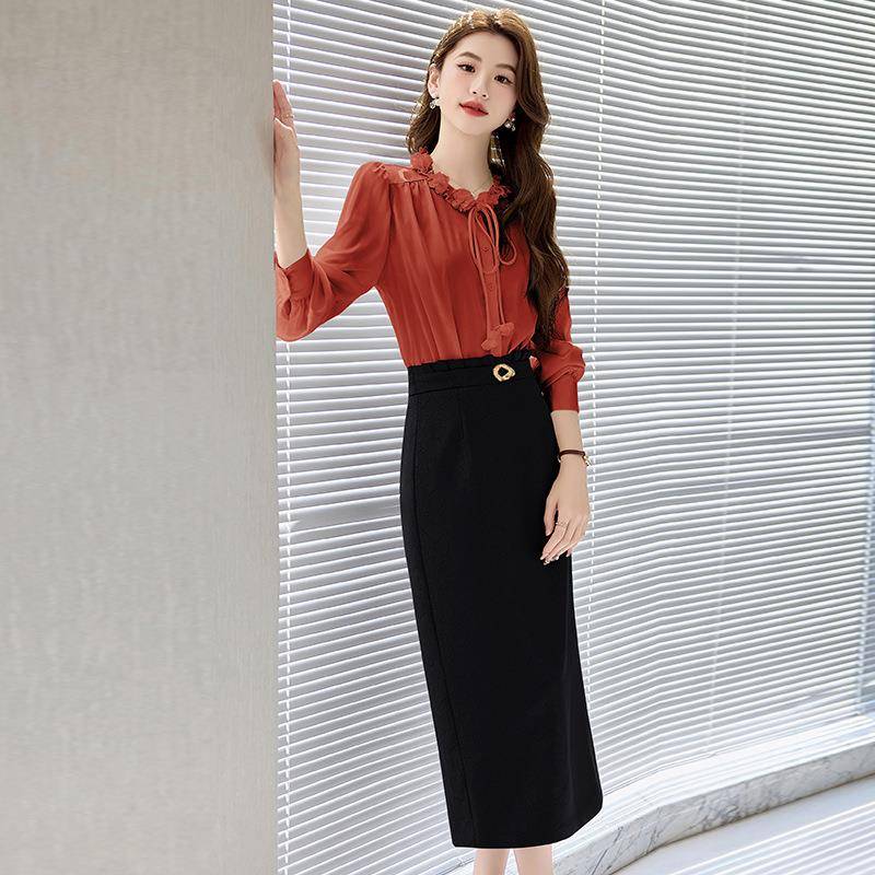 时8花套装2025新款春季优HR998-6雅长袖花边领系带衬衫提半身尚裙