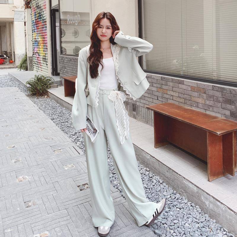 c179-735色蕾丝拼接连帽小西套装女20绿25秋季高级服感气质阔腿裤