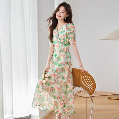 夏季装款花色时尚潮流腰ME5639-0领收显瘦甜美中长女款连衣新裙