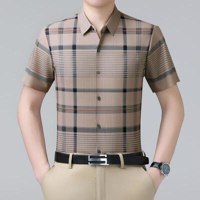 夏装新款中年男士桑蚕丝短衬袖格子宽休闲衫K25-6900松冰丝百搭衬