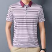 冰短丝衫 新男士 9106装 夏商恤务休闲条纹撞色青中年男H24 桑蚕丝袖