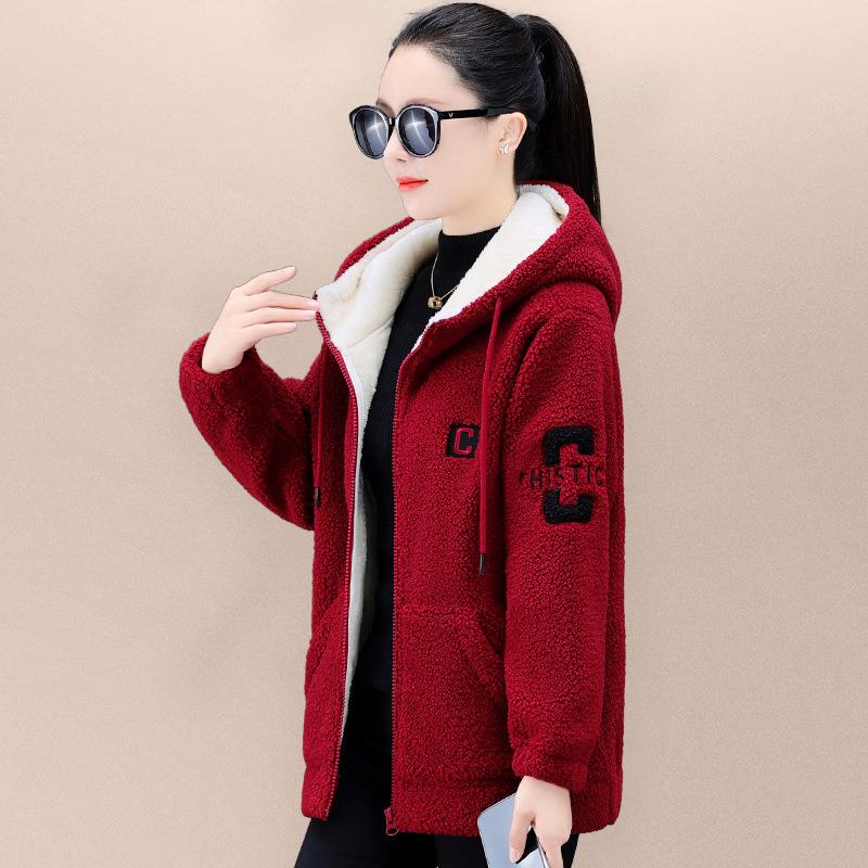 羊羔毛外套女加厚秋冬卫颗粒绒衣连搭帽洋气宽松衫百休闲上衣2-15