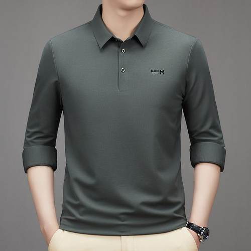 春秋恤新款无桑蚕丝长袖痕9005-KK中年男士冰丝翻恤领爸爸体衫