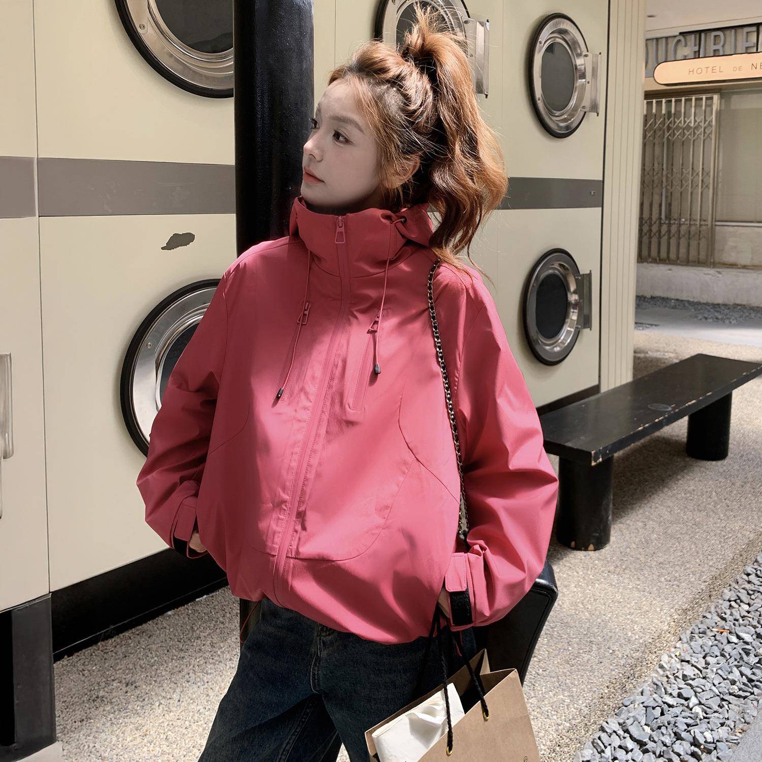 衣玫粉色连帽工装冲锋夹克女季2025秋新款休小个子闲百2B154-WT搭