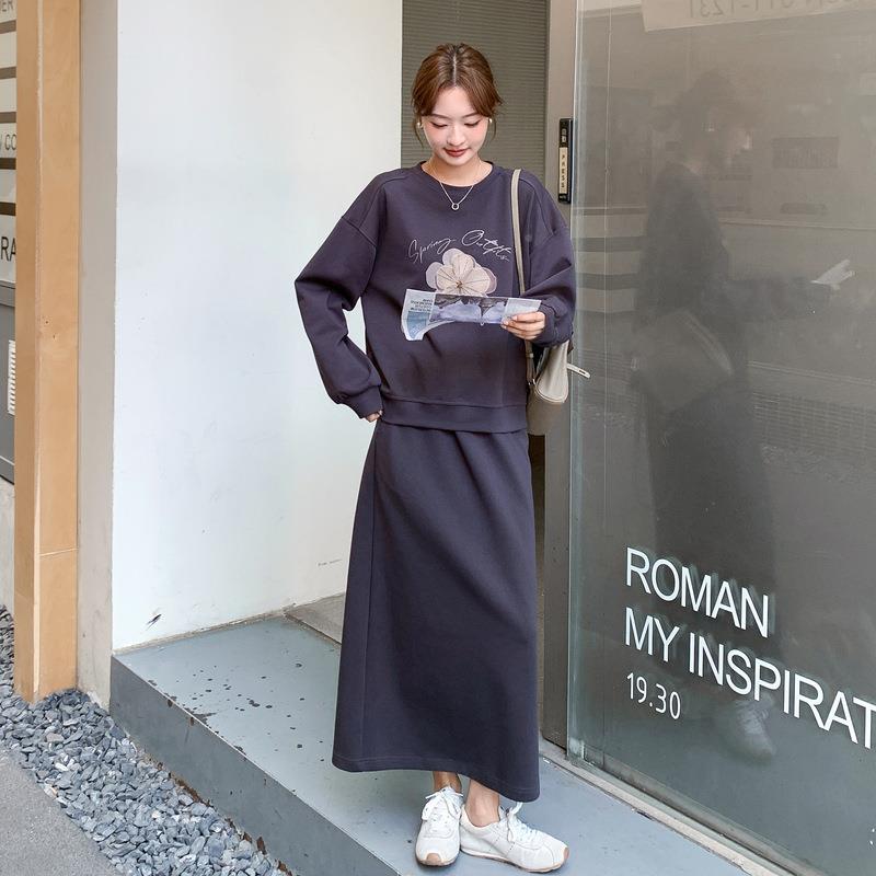 色印花慵卫衣套装裙女2025灰年D014-909秋季新款系懒风休闲韩半身