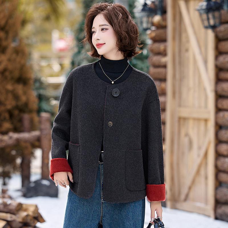 女式毛呢YX86305-外套秋冬新款0女拼接撞色双面毛呢羊时尚气质外