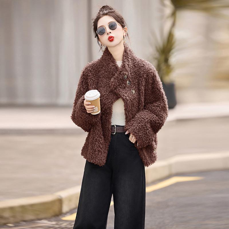 排女式毛呢H外套秋休冬新款皮毛一体宽松闲立领HE8835-1单扣时尚
