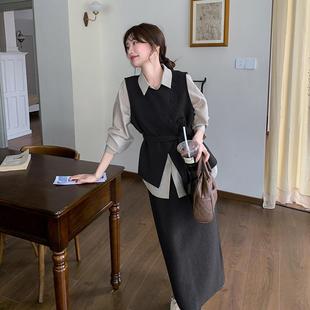 设计感衫 裙C075 新马款 女2025秋季 半身 603咖色复古高级感衬甲套装