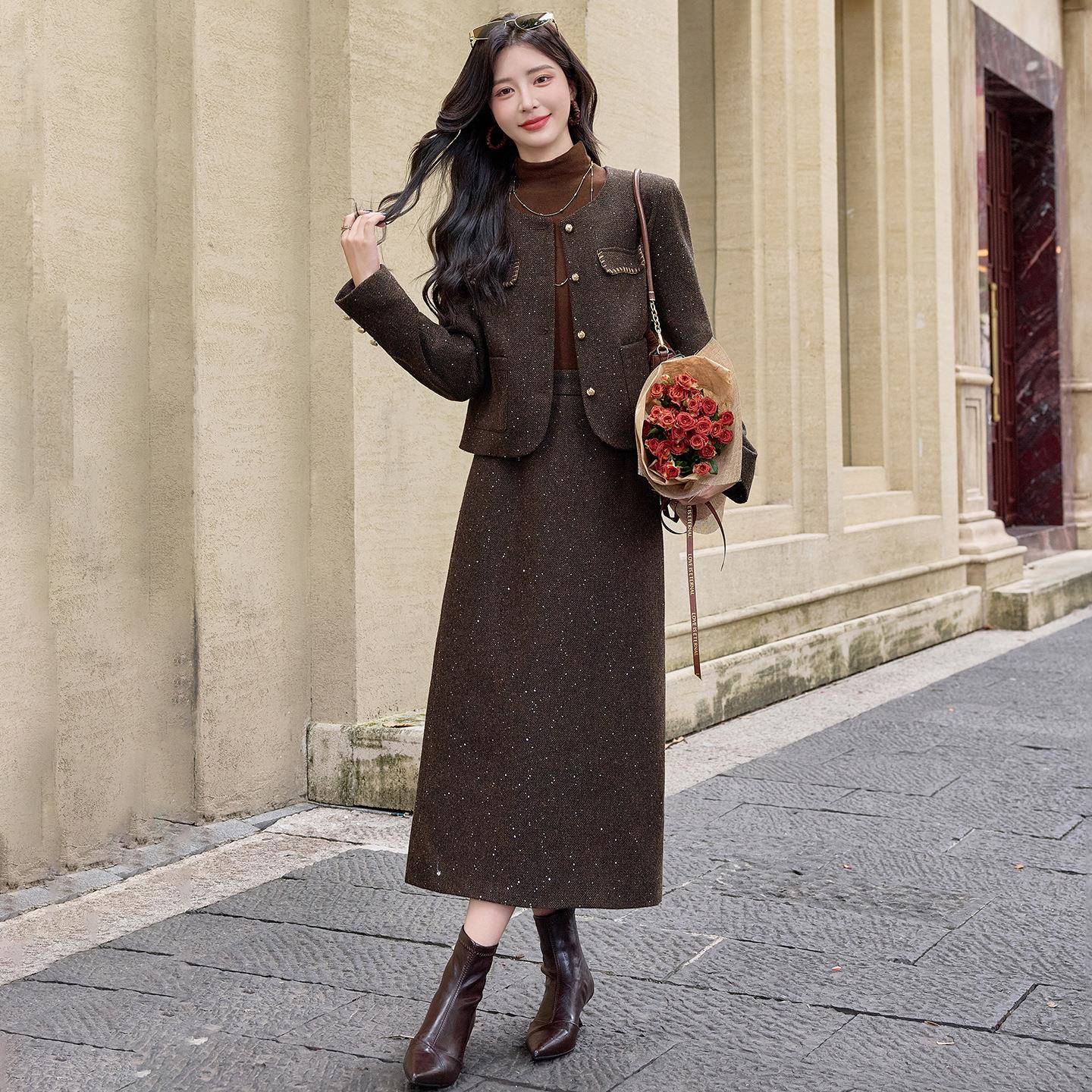 女装时尚休闲套2装025秋新款女装小香风外套半裙两件套裙季YJ8YJ8