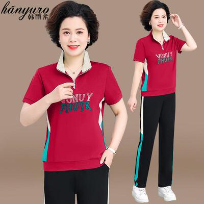 妈妈装运件动服套中装女新款老年夏季休闲夏短6325袖恤跑步两套