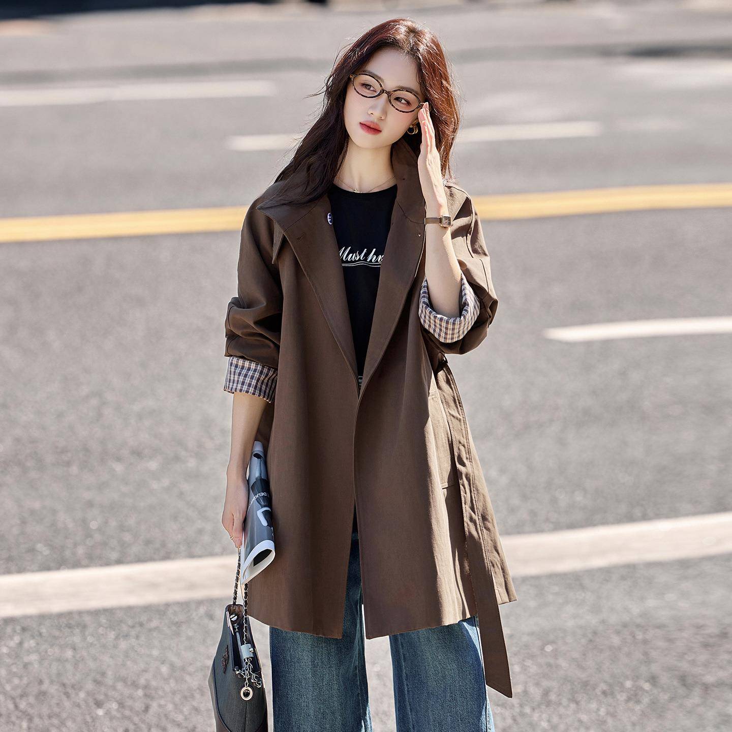 格子拼接立XRX9267-0领宽松风女2025秋季新款气质闲中衣长款外套