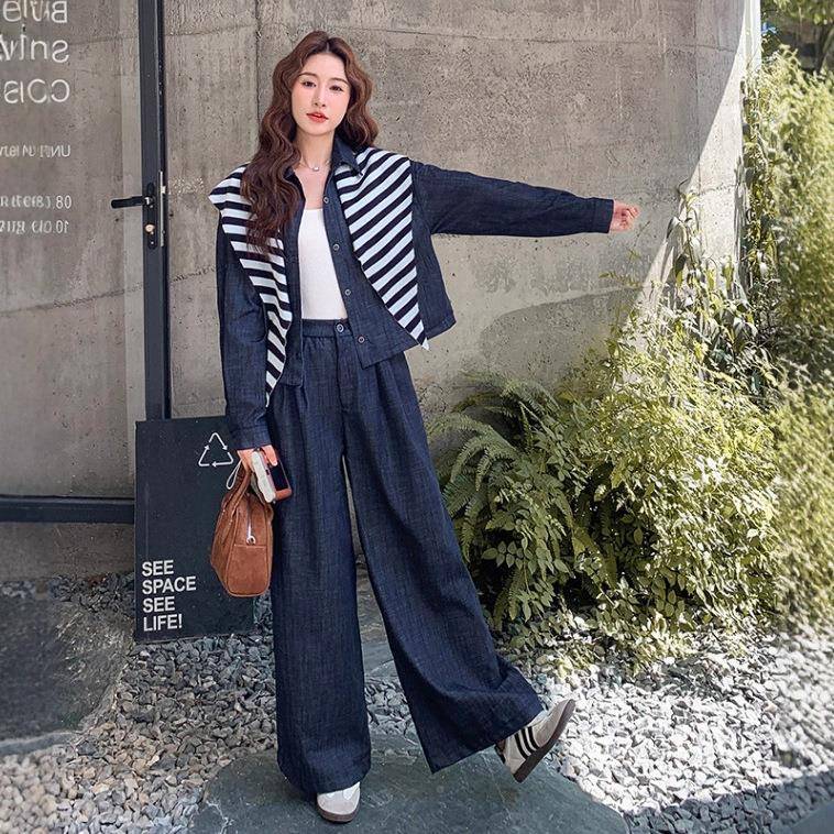 港风款复古牛仔套装B108-K25女2外02秋条纹披肩短衬衫套休闲阔腿5