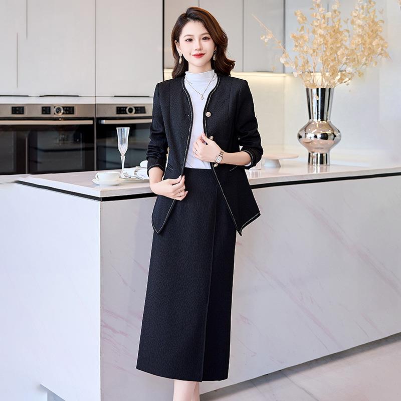 时尚套装秋季新款西装简约撞色R边HR772-1计感外套半裙两设件2套