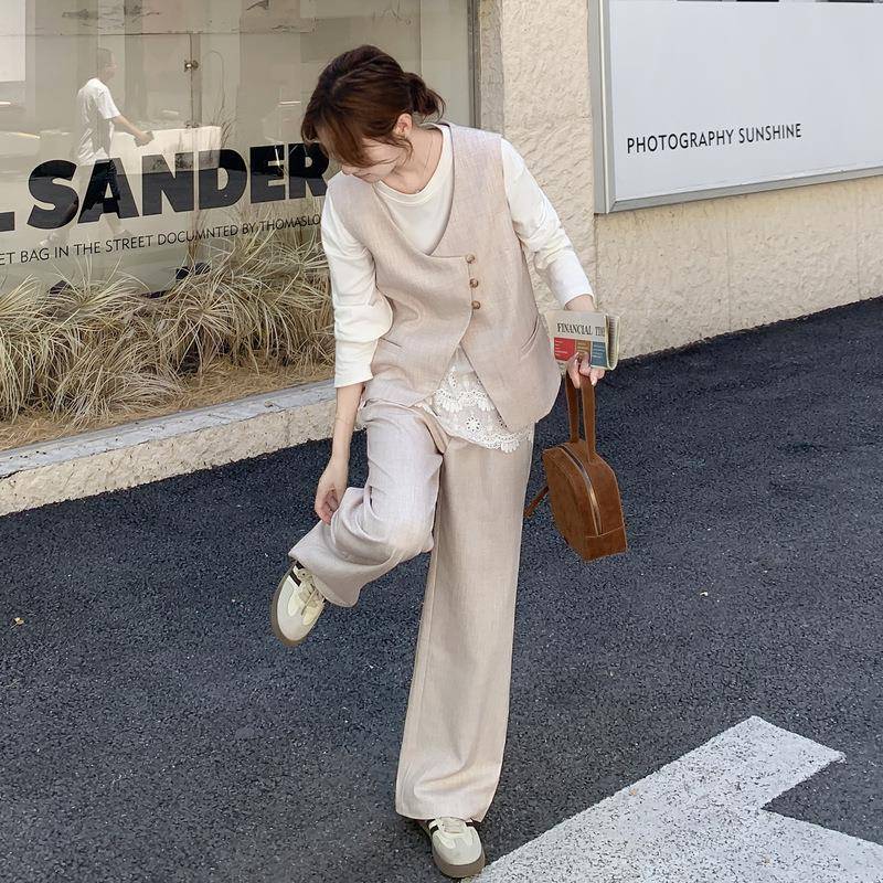 不米杏色韩系规则气马甲套装女C251-583质2025秋季设计感T恤腿裤