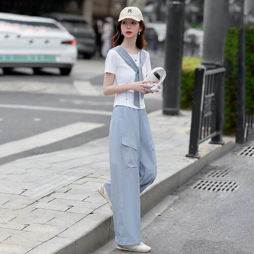 尚时套装夏季新款女条裤纹闲披肩恤休WW6617-0宽松裤子两件套