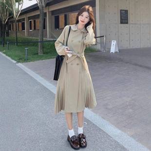 新娃韩系时B157 风衣外套女2025秋季 222尚收 款 褶卡其色娃领中长款