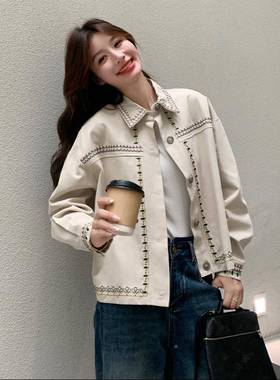 米白色韩系古刺绣休闲短套女20C182-32225秋外小个子独复特好看季