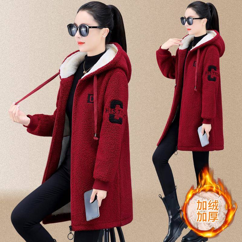 2-1527羊羔毛外套女棉秋冬加绒厚时尚韩版中长款衣棉服卫休衣闲冬