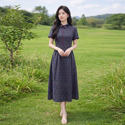 连衣裙夏季款女减龄气质翻领短碎花SY2687-0显装瘦袖新修身长裙