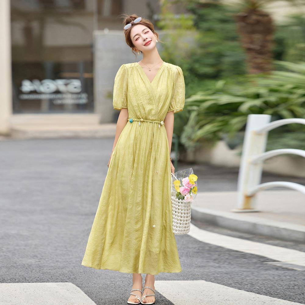 2027夏季新款气质收腰YL762-04显瘦v领袖短连衣裙文艺气质套头长5