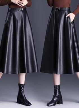 204年11686新款秋冬长款简约绵腰羊皮皮裙时2尚大摆裙高气质半修