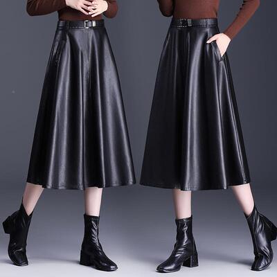 年新款秋冬长皮简约绵皮裙时尚大摆裙高腰气质款修11686身半羊身