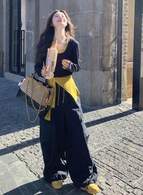 时尚休闲工装套装女0B165-25725裤早秋裤新款超火2长袖打底衫披肩