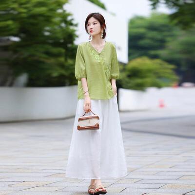 时尚夏季新装款烧花苎半麻刺绣衬套装XN21衫套恤裙两件套装女