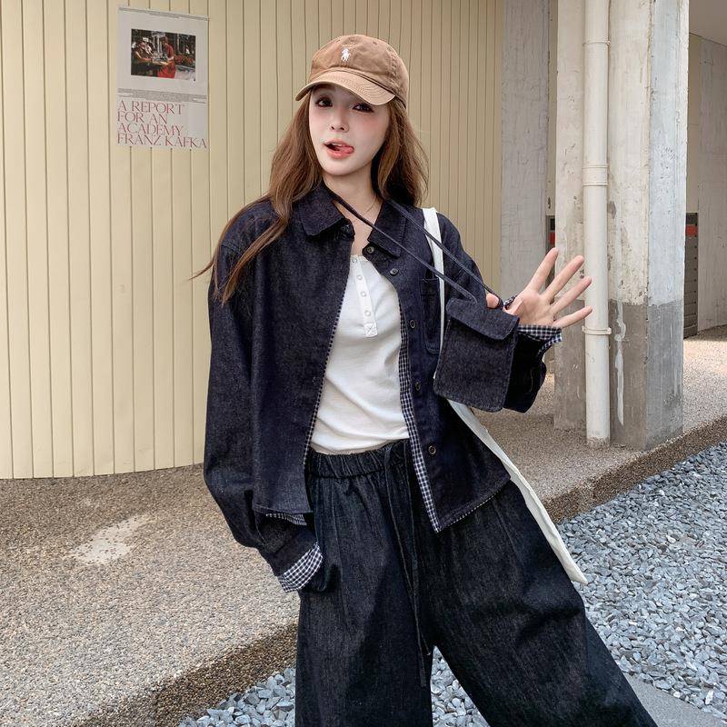 深蓝2色复古高级感仔休闲套装牛205秋新款长袖女衬衫C323- 25阔腿