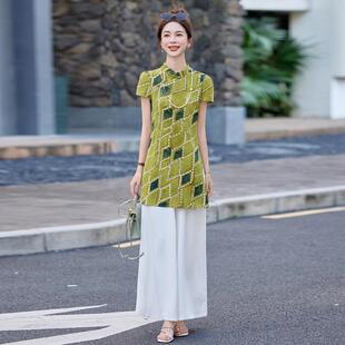 时尚套装夏季新款女装新中上W5856-05立领花衣直筒裤两件式印套