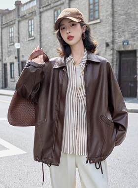 秋女式皮外衣季女装新款时尚休闲YB579-0翻长领中款宽松套风衣