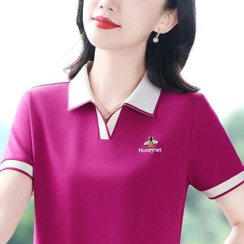 冰恤女夏新款丝时尚宽气9061850质中年妈妈短袖衫松上翻领衣潮