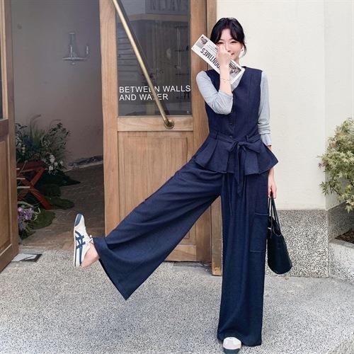 藏青色闲hic级感休套装女秋季20c高25新款马甲b217-109打底衫阔腿