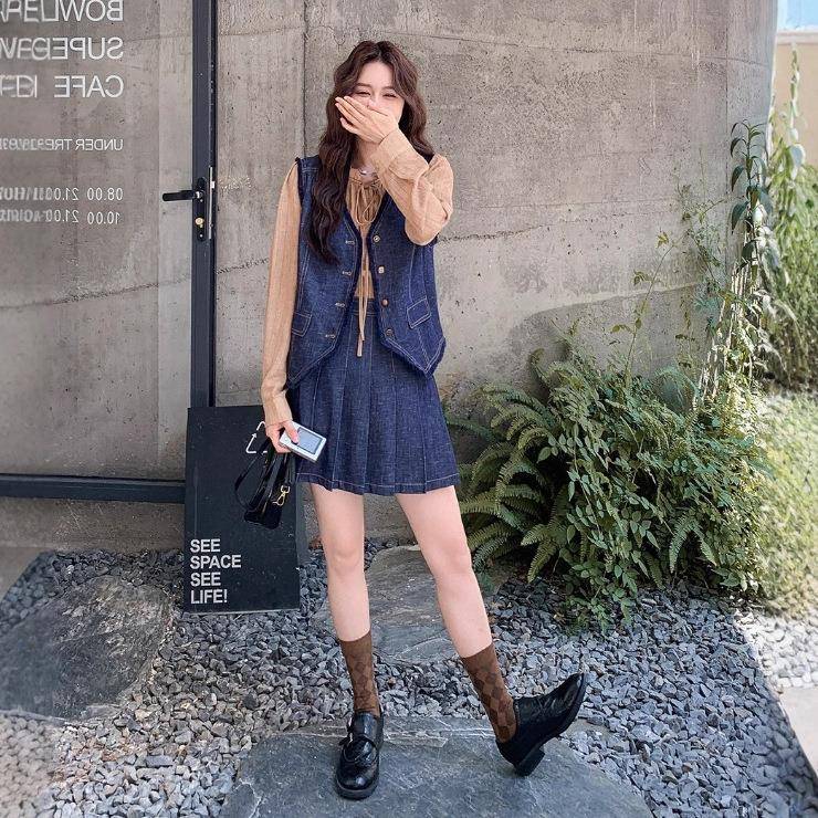 韩风chic整套C028-830牛仔套装裙女20秋5季2新款马甲衬衫一百褶裙