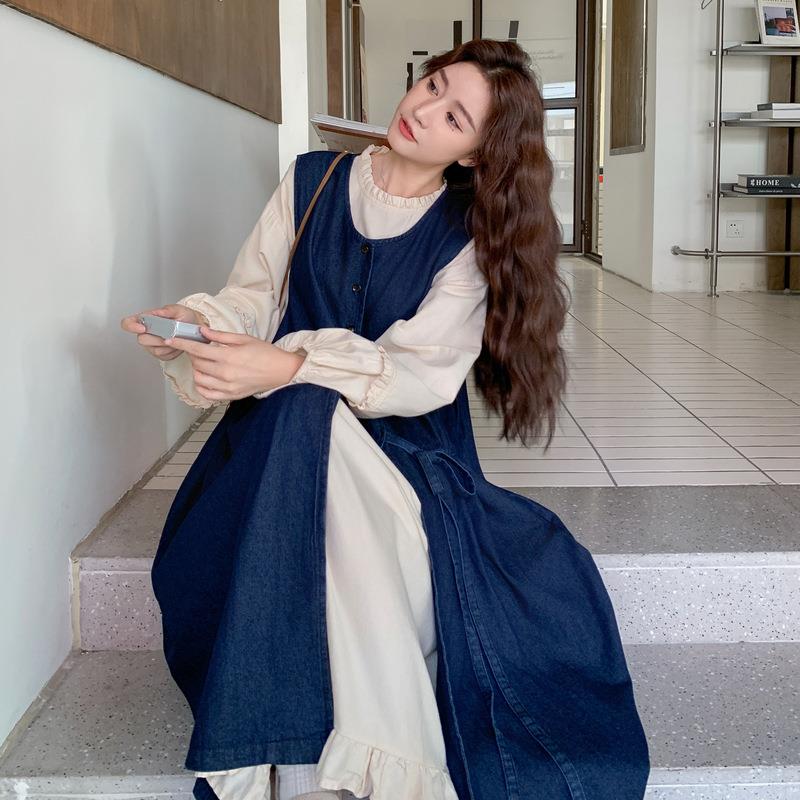 韩版时尚女牛松C251-608仔背心裙套装2025秋季新款宽裙中长款连衣
