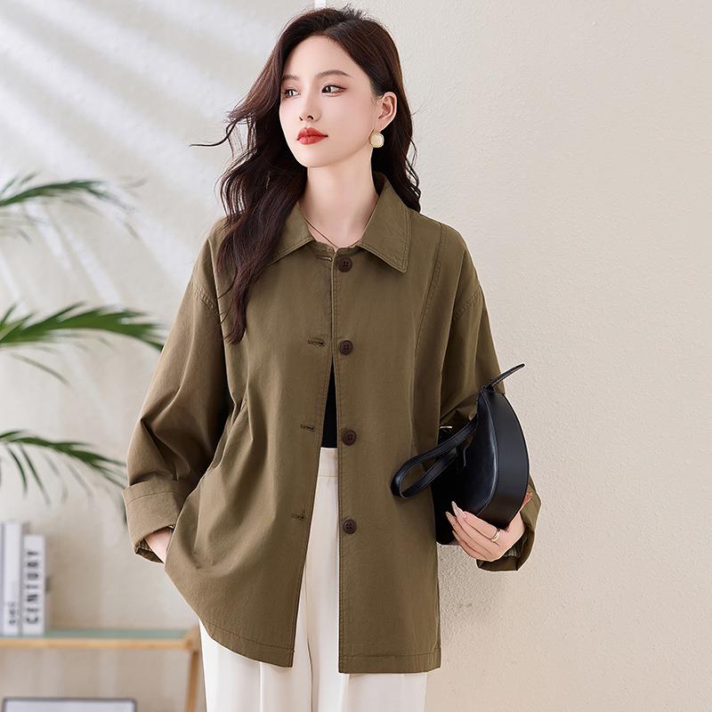 复古纯棉中长款风女宽衣松外套瘦YX86185新款时克尚翻领显上衣夹
