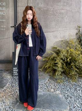 深蓝色复秋古高级感仔休闲装女套202牛5新C115-233款长袖衬衫阔腿