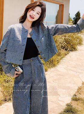 灰色韩系高感休C021-109闲风套装裤腿女秋级季2025新小香款外套阔