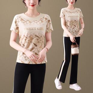 时尚休女闲运件动套装夏新款气字母短洋袖体恤长裤跑步服89899299
