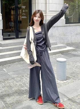 韩版休闲子吊带开衫腿裤套阔装格女2B297-1710两25早秋新款高级感