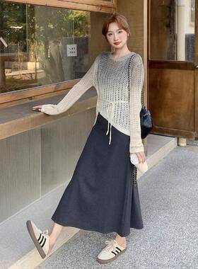 灰色轻熟风渐变镂空针罩套衫装织裙025秋2季气质显瘦背心裙C090-8