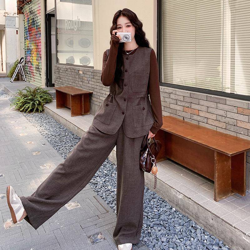 衫咖色系一整收套复古风套装女2025秋季圆领腰马D113-C33甲打底三
