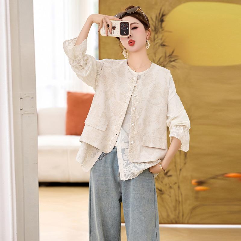 CY8117-0202提5春季新款新中式棉麻花马甲外套重工丝小两衫件套蕾