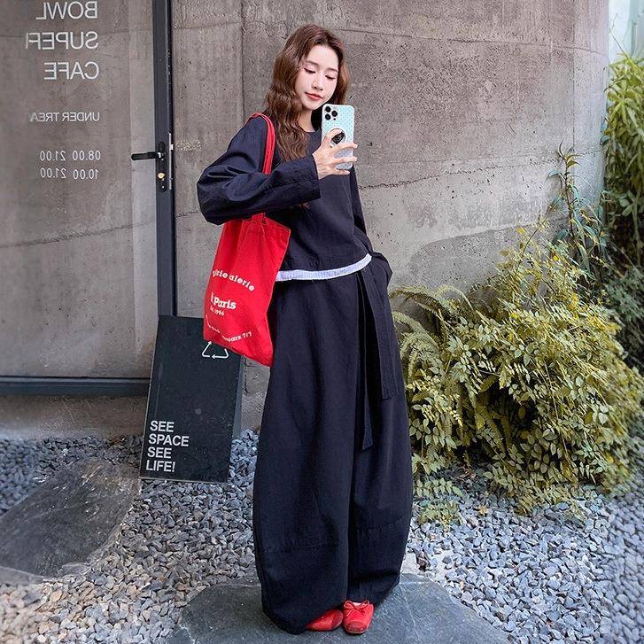 藏青色韩5版拼阔C239-H95接时尚休闲风套装裤女202秋季新款衣卫腿