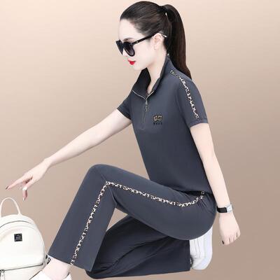 休闲短运两8986274动服套装夏女装新款时尚洋气质妈妈袖长裤跑步