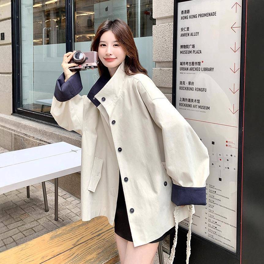 米白撞色拼接立领衣女0秋22h5新款韩系ci风cD073-661宽松气质百搭