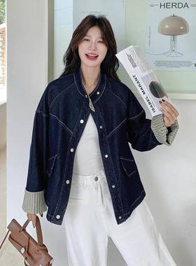 港式复古盐系穿搭纹拼瘦接条牛外套女秋季20C090-89125年新款宽松