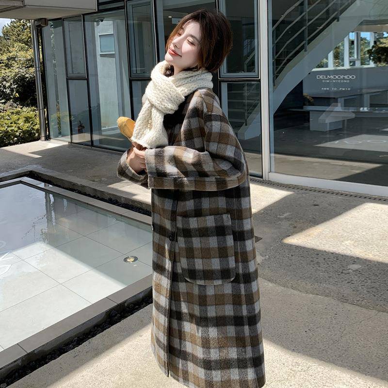 春秋羊新款复古排格子Y双面YB3002毛大衣女气质加长款双扣毛呢外