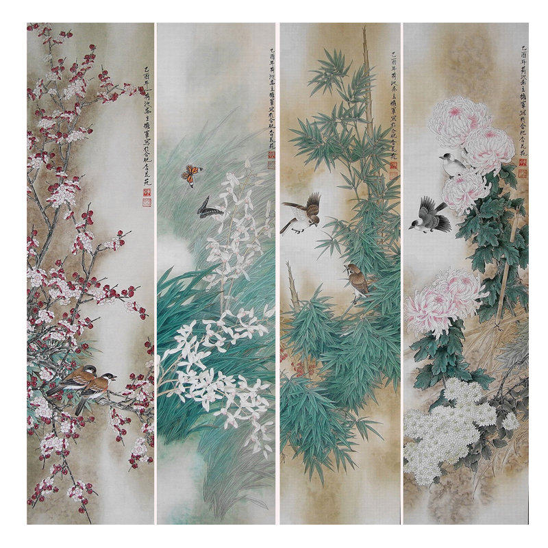 工笔画国画花鸟四条屏挂画初学者临摹勾线四尺宣纸过稿DIY装饰画