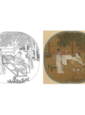 工笔画白描底稿圆形人物南宋刘松年宫女图仕女画临摹线稿高清打印